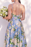 Blue Spaghetti Straps Floral A Line Long Bridesmaid Dress