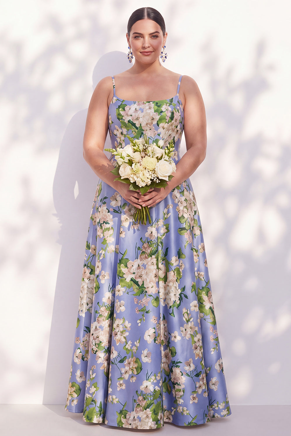 Blue Spaghetti Straps Floral A Line Long Bridesmaid Dress