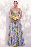 Blue Spaghetti Straps Floral A Line Long Bridesmaid Dress