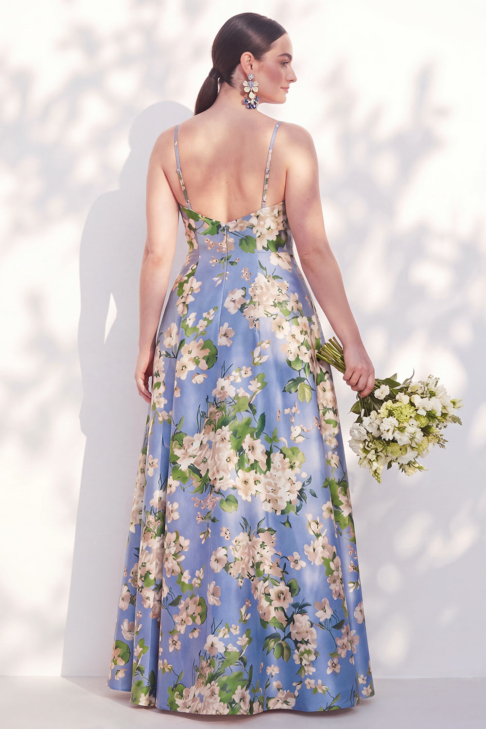 Blue Spaghetti Straps Floral A Line Long Bridesmaid Dress