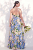 Blue Spaghetti Straps Floral A Line Long Bridesmaid Dress