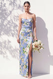 Strapless Ruched Blue Floral Sheath Long Bridesmaid Dress with Slit