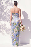 Strapless Ruched Blue Floral Sheath Long Bridesmaid Dress with Slit