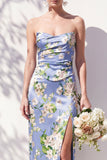 Strapless Ruched Blue Floral Sheath Long Bridesmaid Dress with Slit