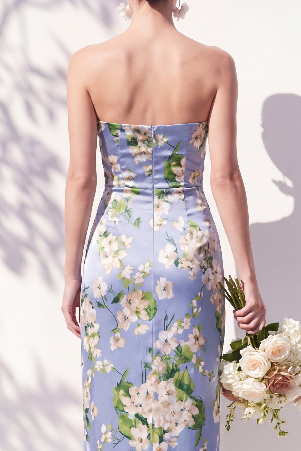 Strapless Ruched Blue Floral Sheath Long Bridesmaid Dress with Slit
