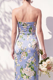 Strapless Ruched Blue Floral Sheath Long Bridesmaid Dress with Slit