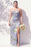 Strapless Ruched Blue Floral Sheath Long Bridesmaid Dress with Slit