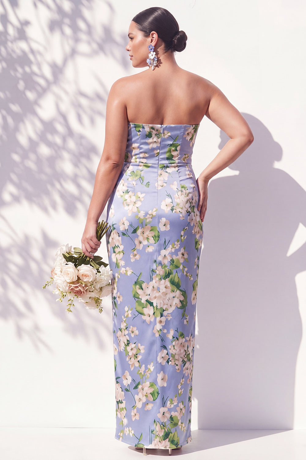 Strapless Ruched Blue Floral Sheath Long Bridesmaid Dress with Slit