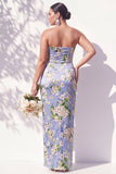 Strapless Ruched Blue Floral Sheath Long Bridesmaid Dress with Slit