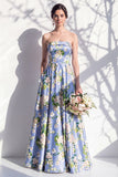 Blue Strapless Floral A Line Long Bridesmaid Dress with Pockets