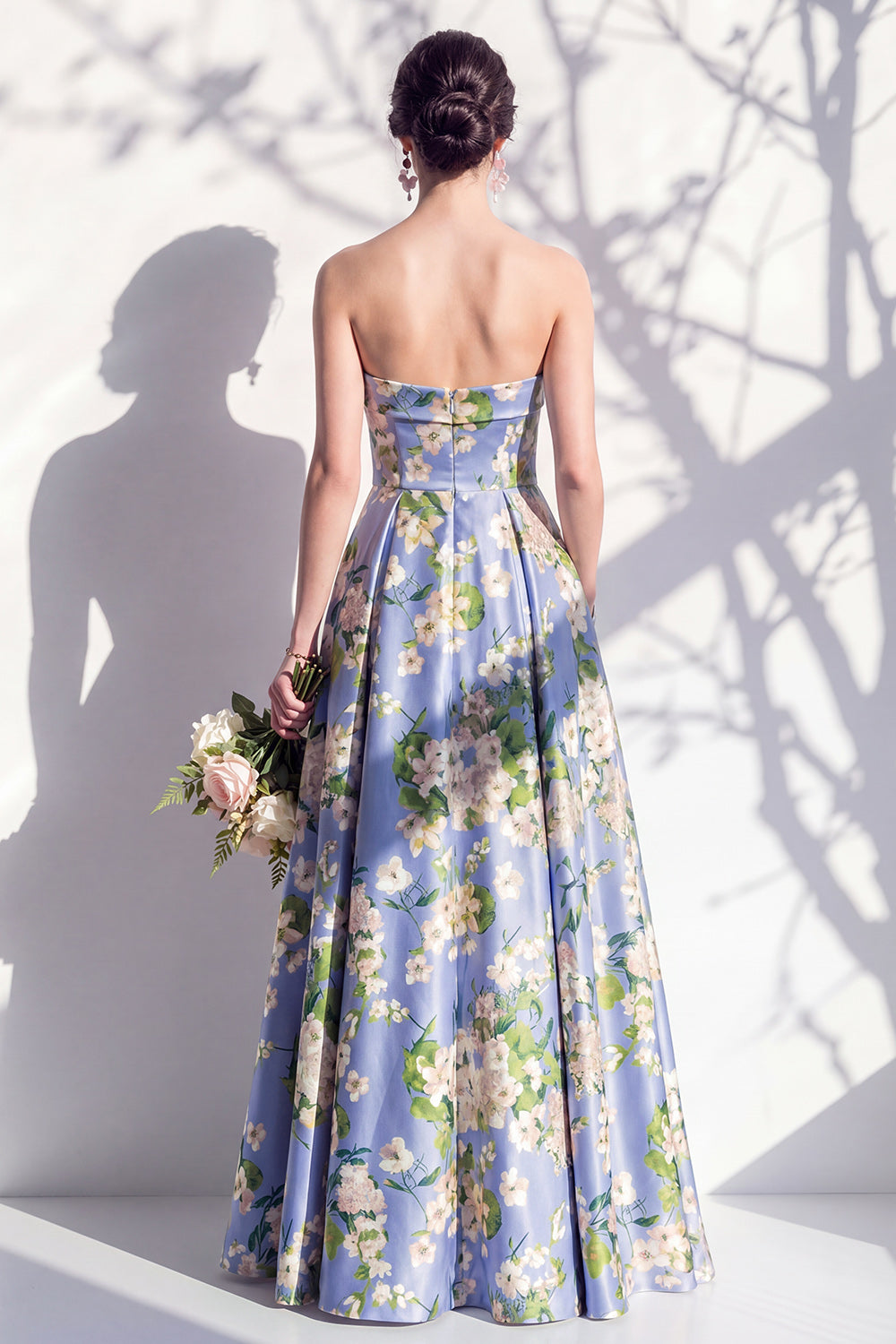 Blue Strapless Floral A Line Long Bridesmaid Dress with Pockets