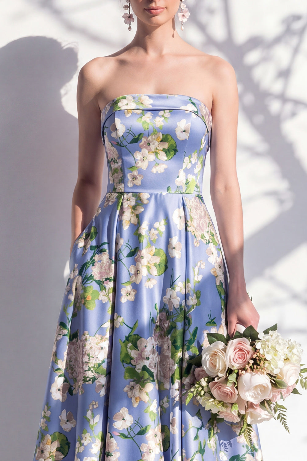 Blue Strapless Floral A Line Long Bridesmaid Dress with Pockets