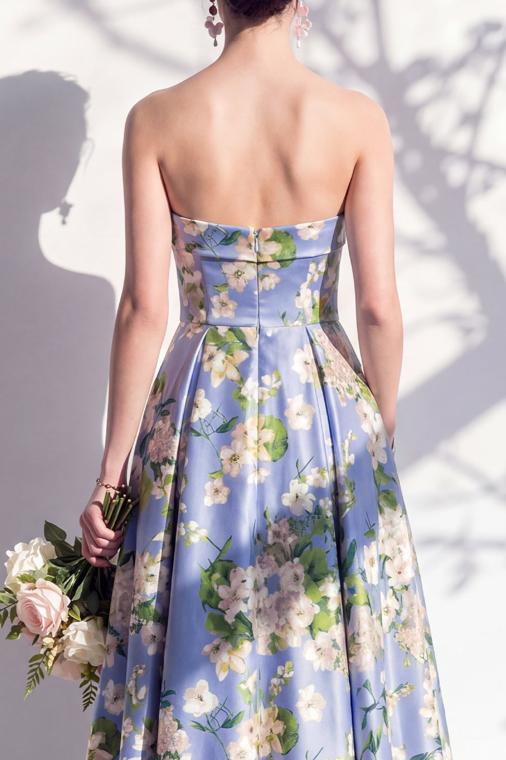Blue Strapless Floral A Line Long Bridesmaid Dress with Pockets