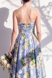 Blue Strapless Floral A Line Long Bridesmaid Dress with Pockets