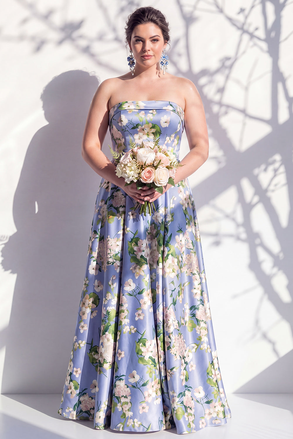Blue Strapless Floral A Line Long Bridesmaid Dress with Pockets