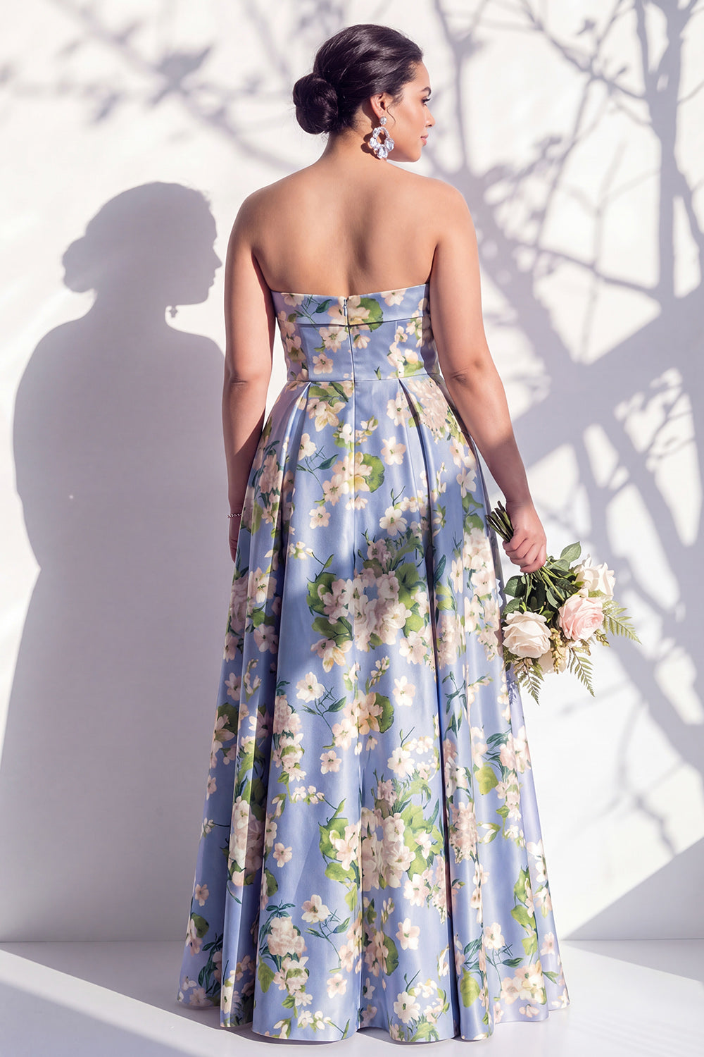 Blue Strapless Floral A Line Long Bridesmaid Dress with Pockets