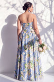 Blue Strapless Floral A Line Long Bridesmaid Dress with Pockets
