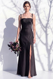 Spaghetti Straps Long Butter Yellow Mermaid Bridesmaid Dress with Slit