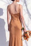 Spaghetti Straps Long Butter Yellow Mermaid Bridesmaid Dress with Slit