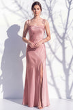 Spaghetti Straps Long Butter Yellow Mermaid Bridesmaid Dress with Slit