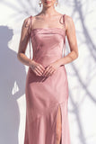 Spaghetti Straps Long Butter Yellow Mermaid Bridesmaid Dress with Slit