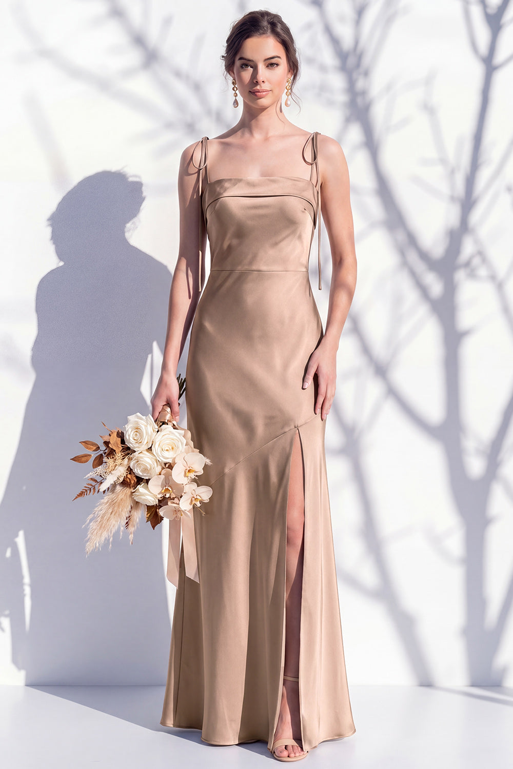 Spaghetti Straps Long Butter Yellow Mermaid Bridesmaid Dress with Slit