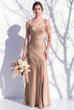 Spaghetti Straps Long Butter Yellow Mermaid Bridesmaid Dress with Slit