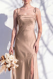 Spaghetti Straps Long Butter Yellow Mermaid Bridesmaid Dress with Slit