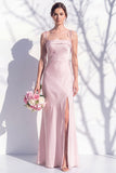 Spaghetti Straps Long Butter Yellow Mermaid Bridesmaid Dress with Slit