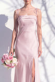 Spaghetti Straps Long Butter Yellow Mermaid Bridesmaid Dress with Slit