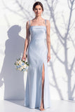 Spaghetti Straps Long Butter Yellow Mermaid Bridesmaid Dress with Slit