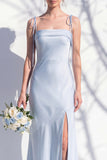 Spaghetti Straps Long Butter Yellow Mermaid Bridesmaid Dress with Slit