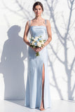Spaghetti Straps Long Butter Yellow Mermaid Bridesmaid Dress with Slit