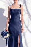Spaghetti Straps Long Butter Yellow Mermaid Bridesmaid Dress with Slit