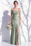 Spaghetti Straps Long Butter Yellow Mermaid Bridesmaid Dress with Slit