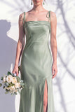 Spaghetti Straps Long Butter Yellow Mermaid Bridesmaid Dress with Slit