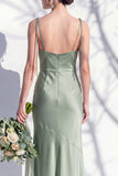Spaghetti Straps Long Butter Yellow Mermaid Bridesmaid Dress with Slit