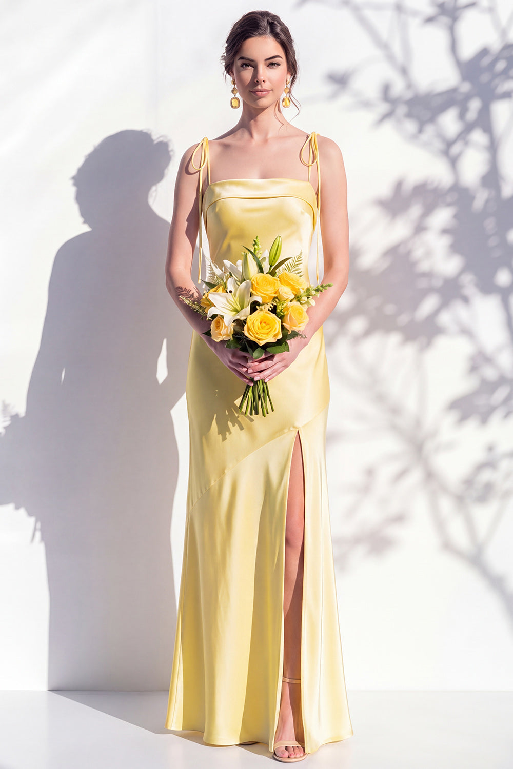Spaghetti Straps Long Butter Yellow Mermaid Bridesmaid Dress with Slit