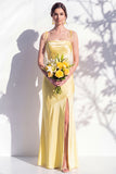 Spaghetti Straps Long Butter Yellow Mermaid Bridesmaid Dress with Slit