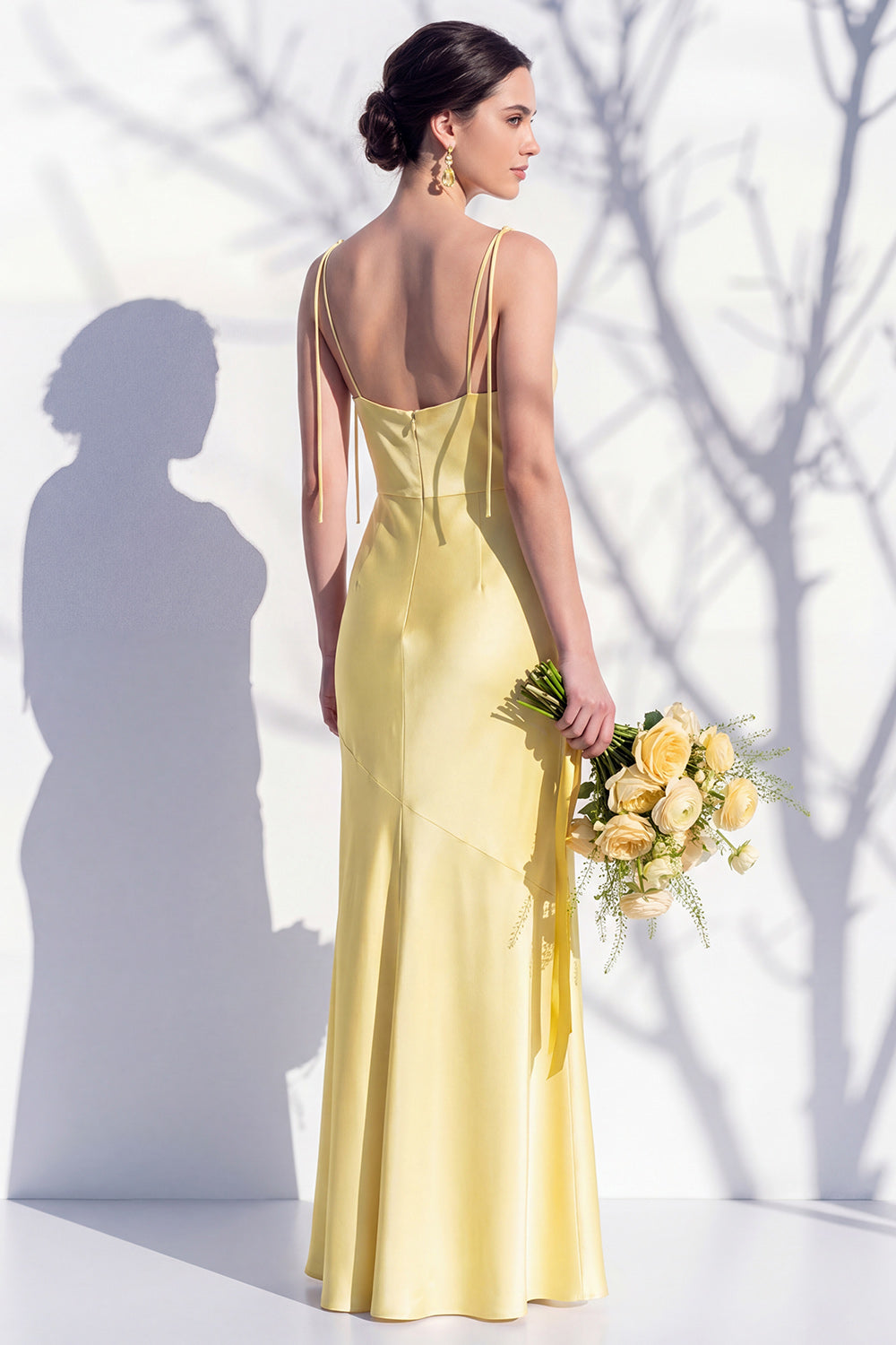 Spaghetti Straps Long Butter Yellow Mermaid Bridesmaid Dress with Slit