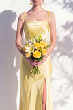 Spaghetti Straps Long Butter Yellow Mermaid Bridesmaid Dress with Slit