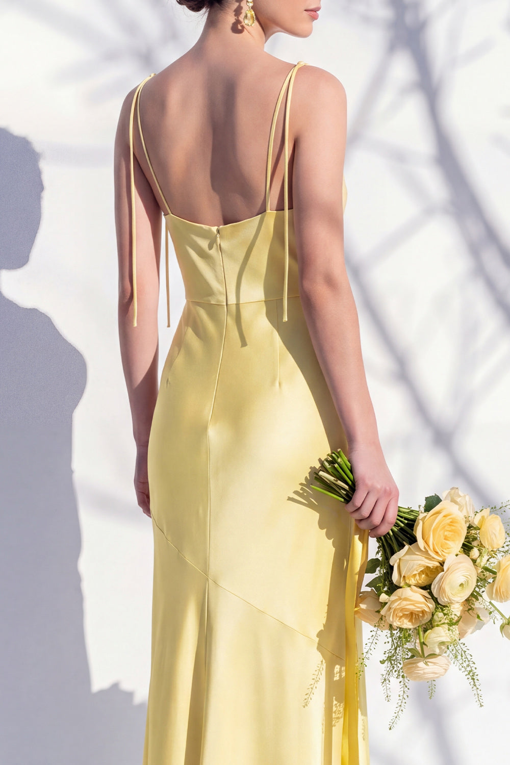 Spaghetti Straps Long Butter Yellow Mermaid Bridesmaid Dress with Slit