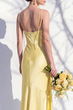 Spaghetti Straps Long Butter Yellow Mermaid Bridesmaid Dress with Slit
