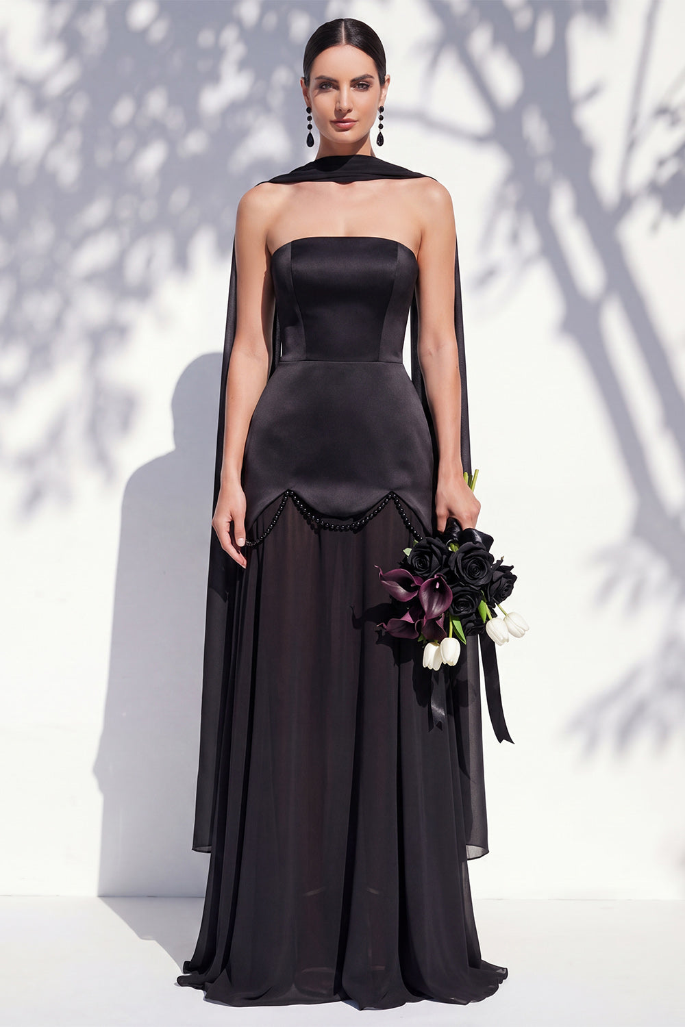 Strapless Long Butter Yellow A Line Neck Scarf Bridesmaid Dress with Pearls