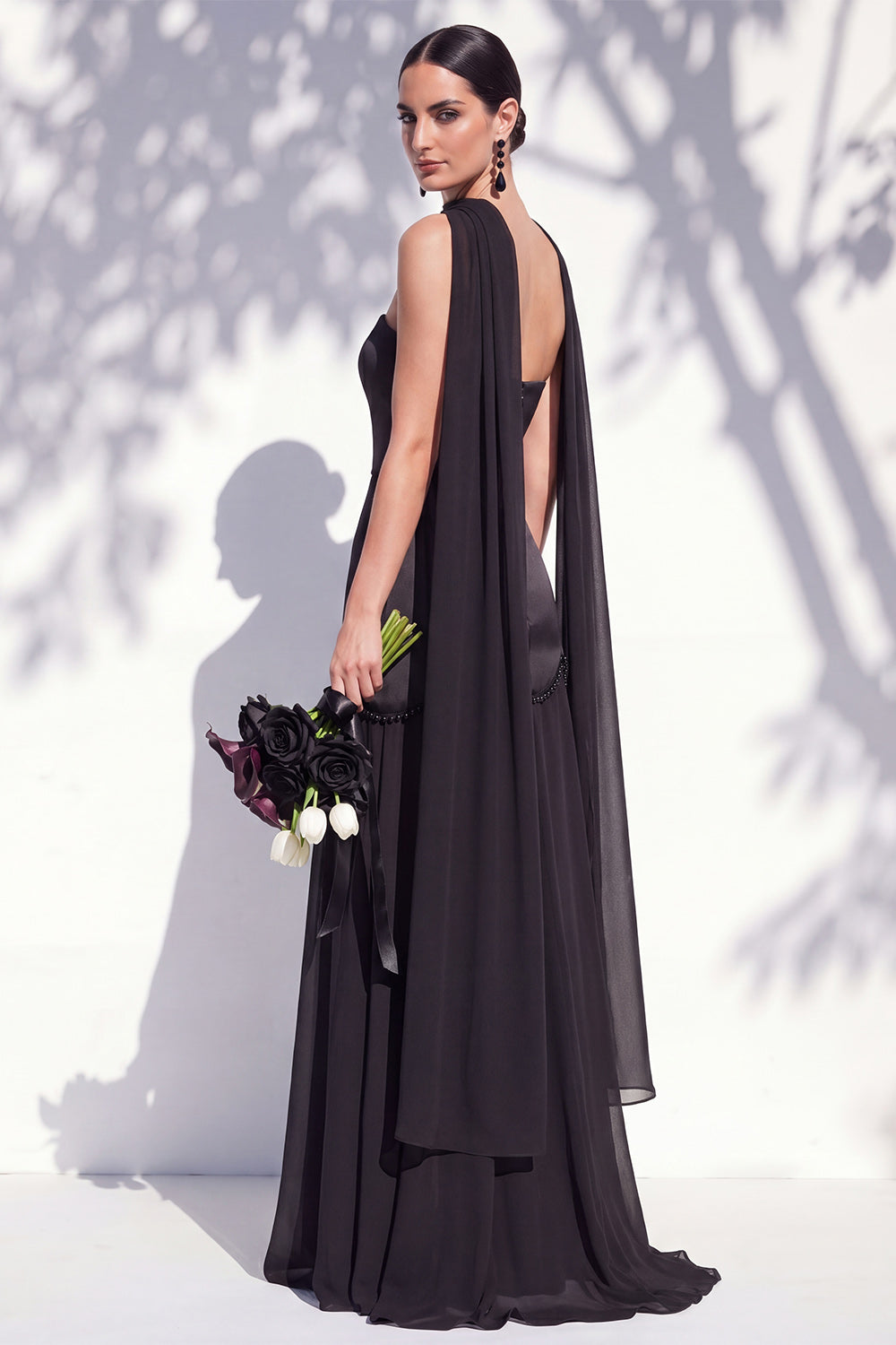 Strapless Long Butter Yellow A Line Neck Scarf Bridesmaid Dress with Pearls