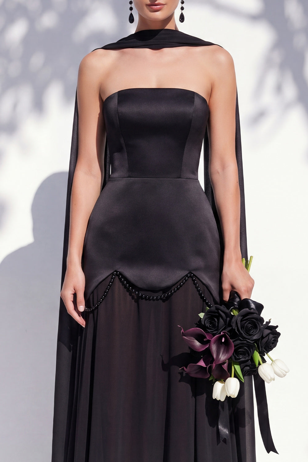 Strapless Long Butter Yellow A Line Neck Scarf Bridesmaid Dress with Pearls
