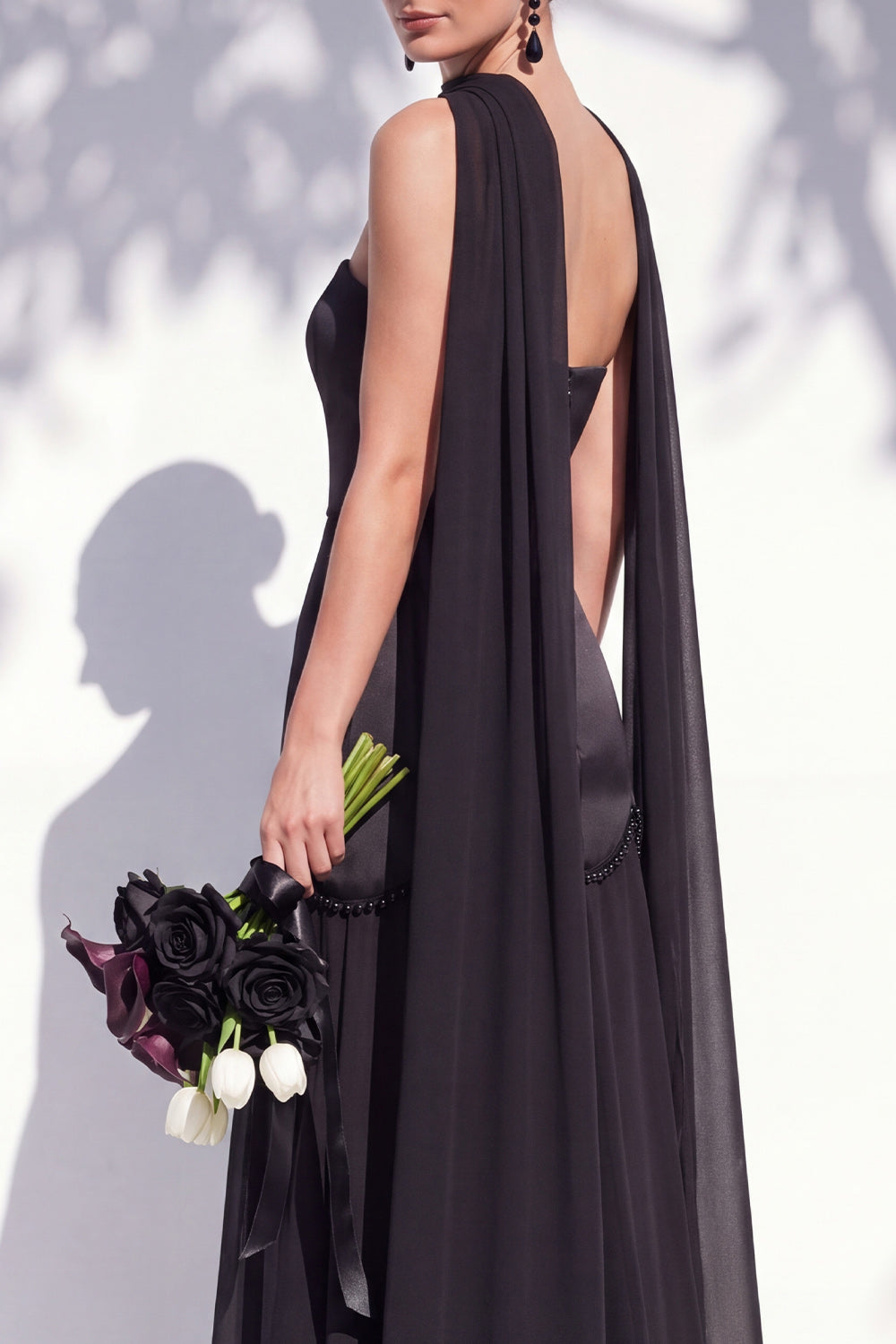 Strapless Long Butter Yellow A Line Neck Scarf Bridesmaid Dress with Pearls