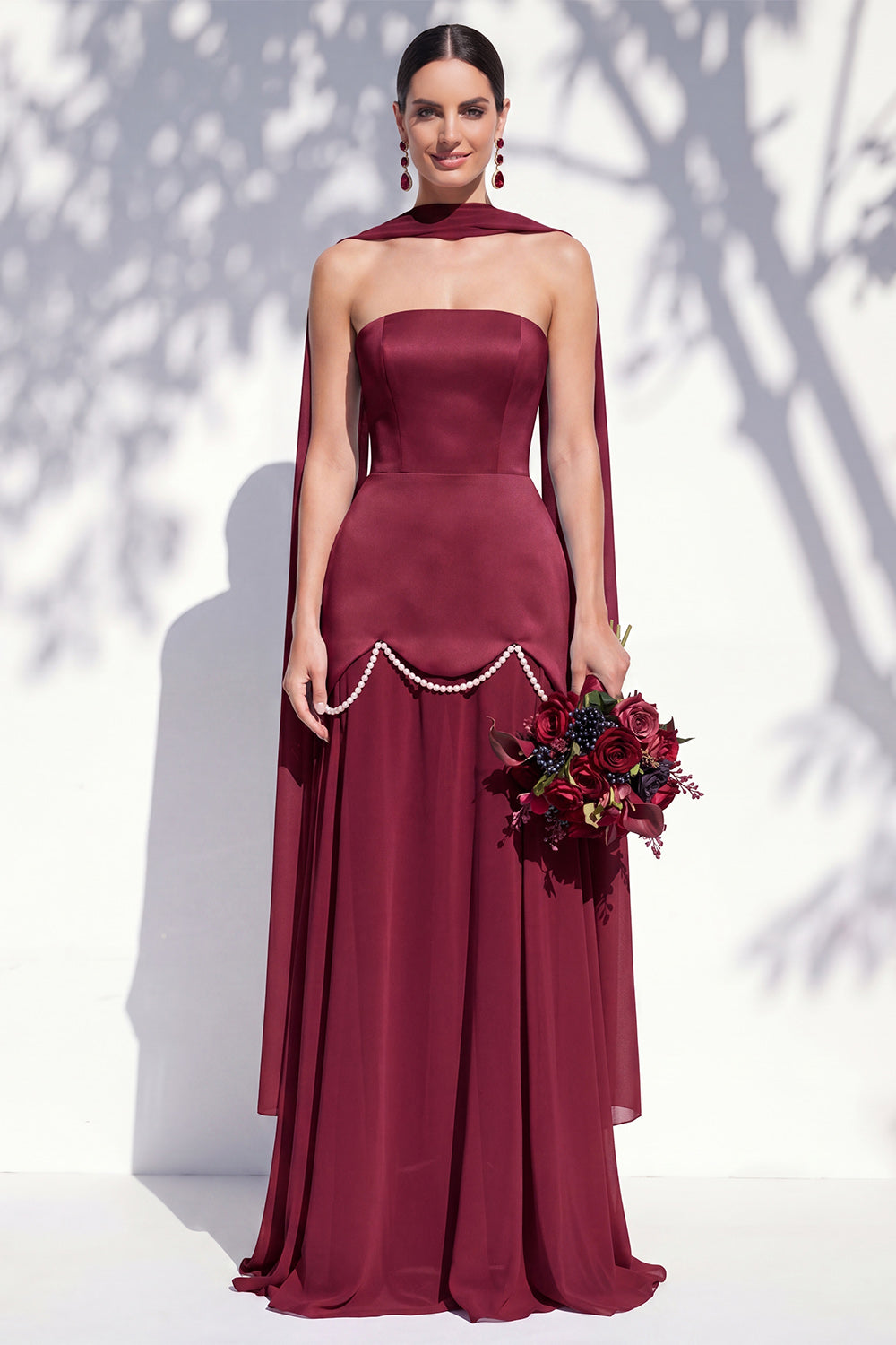 Strapless Long Butter Yellow A Line Neck Scarf Bridesmaid Dress with Pearls