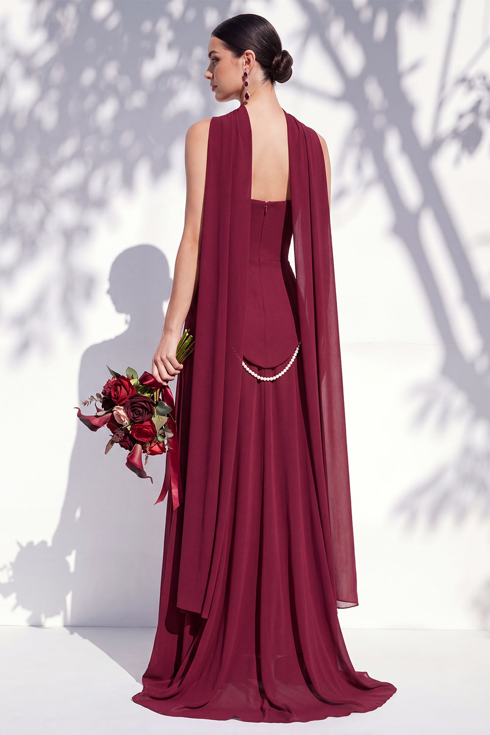 Strapless Long Butter Yellow A Line Neck Scarf Bridesmaid Dress with Pearls