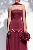 Strapless Long Butter Yellow A Line Neck Scarf Bridesmaid Dress with Pearls